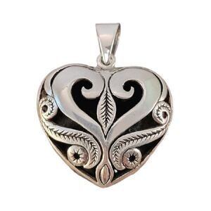 Sterling Openwork Artisan Flourish Engraved Puffy Heart Pendant